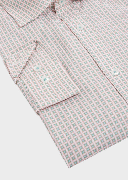 Chemise sport Slim en popeline de coton blanc à motif fantaisie rose, vert et bleu - Father & Sons   - 3 