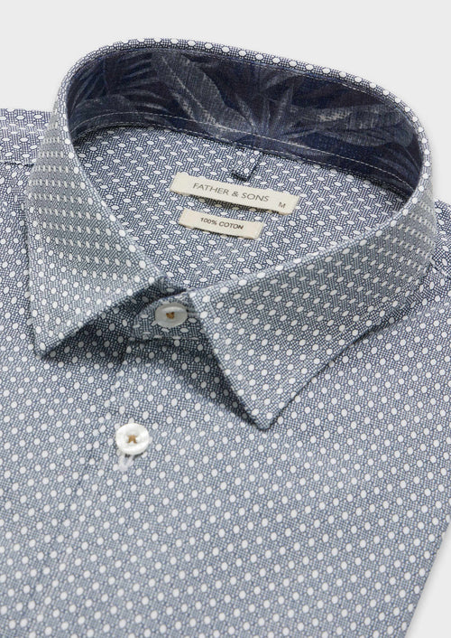 Chemise sport Slim en popeline de coton blanc à motif fantaisie bleu indigo - Father & Sons   - 2 