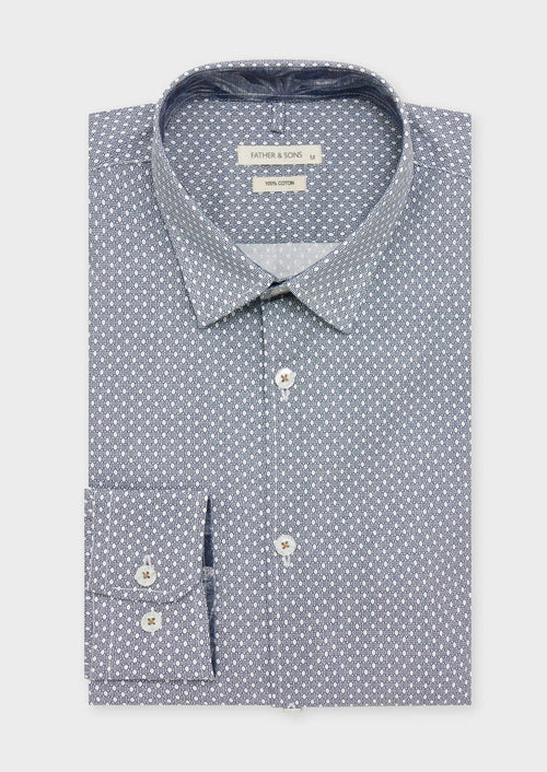 Chemise sport Slim en popeline de coton blanc à motif fantaisie bleu indigo - Father & Sons   - 1 