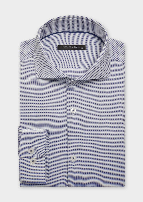 Chemise habillée Slim en coton mélangé Jacquard blanc à motif fantaisie bleu marine - 1 - Father & Sons   - 3 