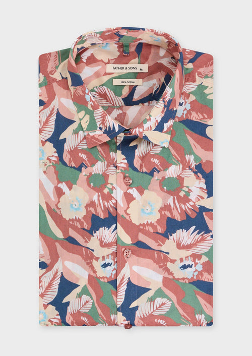 Chemise sport Slim en popeline de coton bleu marine à motif fleuri rose, vert et beige - 1 - Father & Sons   - 15 