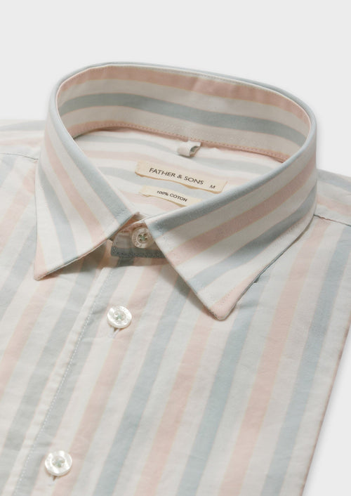 Chemise sport Slim en popeline de coton blanc à rayures rose et bleu - 2 - Father & Sons   - 1 