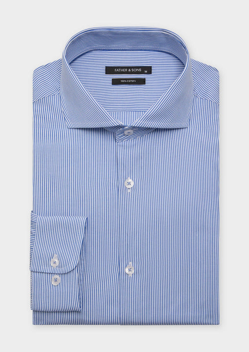 Chemise habillée Slim en popeline de coton blanc à rayures bleu classique - 1 - Father & Sons   - 16 