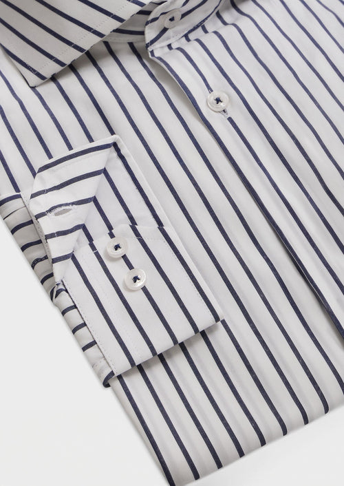 Chemise habillée Slim en popeline de coton blanc à rayures bleu marine - Father & Sons   - 3 