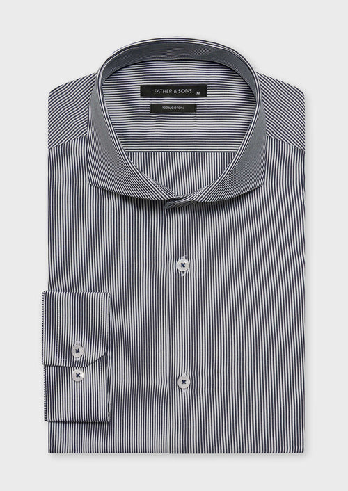 Chemise habillée Slim en popeline de coton blanc à rayures bleu marine - 1 - Father & Sons   - 3 