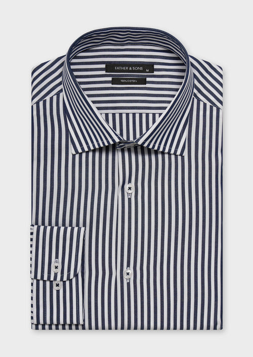 Chemise habillée Slim en popeline de coton blanc à rayures bleu marine - 1 - Father & Sons   - 20 