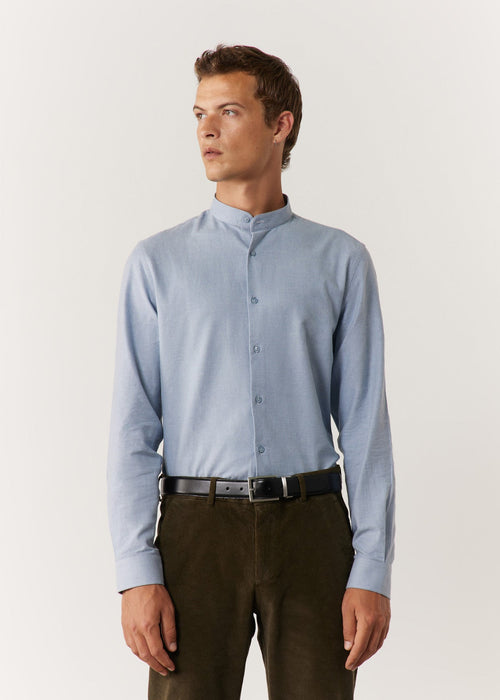 Chemise sport Slim en flanelle de coton uni bleu ciel à col officier - Father & Sons   - 1 