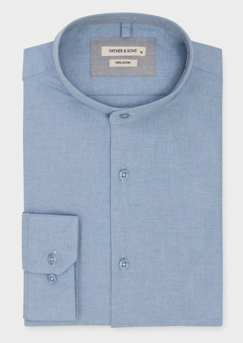 Chemise sport Slim en flanelle de coton uni bleu ciel à col officier - Father & Sons   - 5 