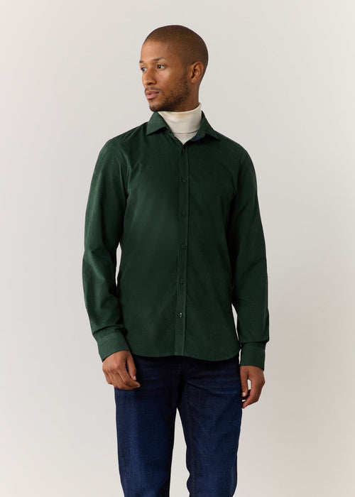 Chemise sport Slim en velours côtelé uni vert sapin - Father & Sons   - 5 