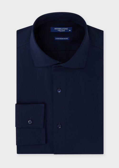 Chemise habillée non-iron Slim en popeline de coton uni bleu marine - Father & Sons   - 1 