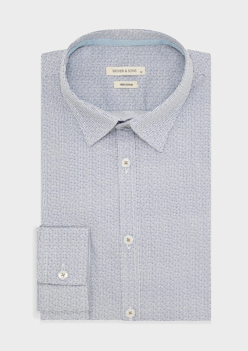 Chemise sport Slim en popeline de coton blanc à motif fantaisie bleu - Father & Sons   - 1 