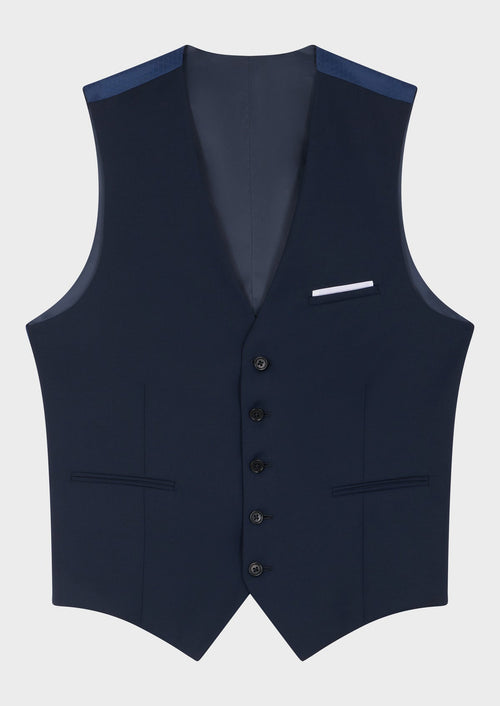 Gilet de costume en laine Marzotto unie bleu marine - Father & Sons   - 5 