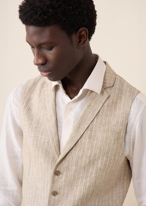 Gilet casual en lin beige à rayures blanches - Father & Sons   - 3 