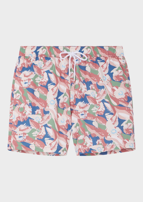 Maillot de bain rose à motif fleuri kaki, bleu marine et beige - Father & Sons   -  