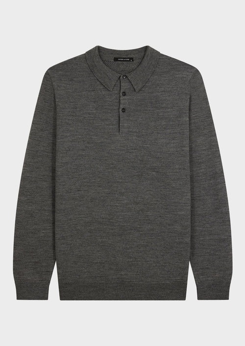 Pull col polo en laine Mérinos mélangée unie gris clair - 1 - Father & Sons   - 19 