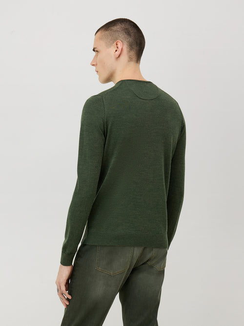 Pull col rond en laine Mérinos mélangée olive - Father & Sons   - 2 