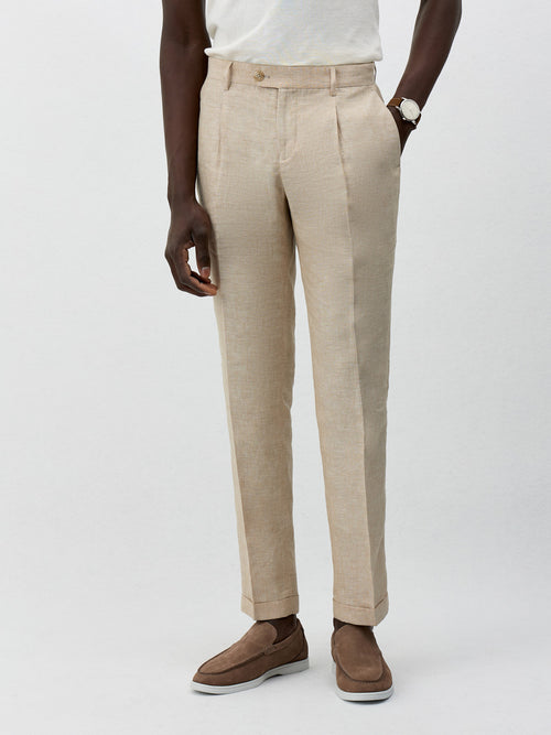 Pantalon coordonnable Slim en lin beige - 1 - Father & Sons   - 5 