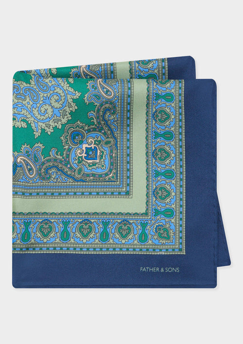 Pochette en soie bleu marine à motif fantaisie vert et bleu - Father & Sons   - 1 