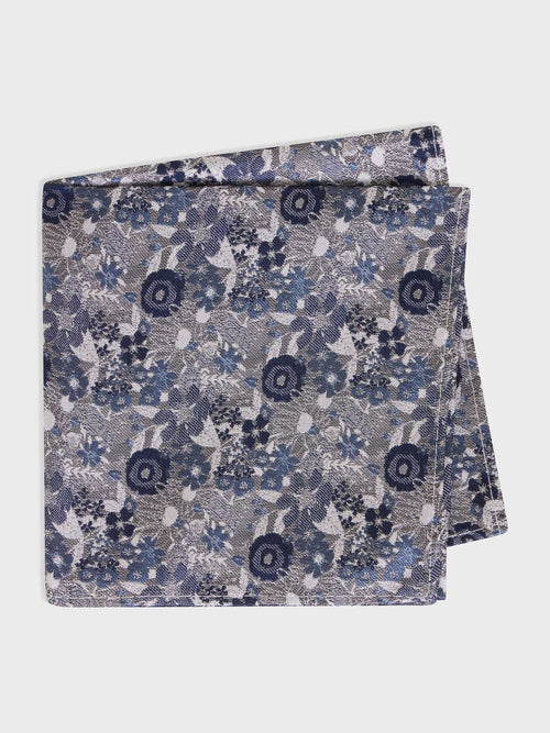 Pochette en soie mélangée grise à motif fleuri bleu - Father & Sons   - 1 