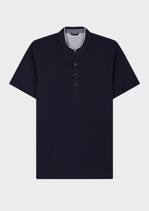 Polo manches courtes Slim en coton uni bleu jeans à col officier - 1 - Father & Sons   - 3 