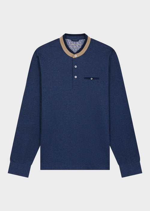 Polo manches longues Slim en coton mélangé uni bleu jeans à col officier - 1 - Father & Sons   - 6 