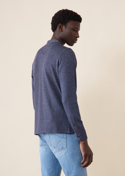 Polo manches longues Slim en coton uni bleu jeans à col officier - Father & Sons   - 2 