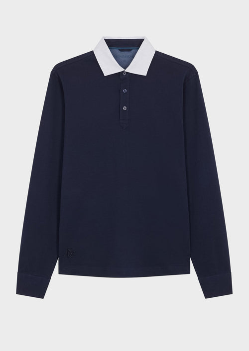 Polo manches longues Slim en coton uni bleu jeans - 1 - Father & Sons   - 17 