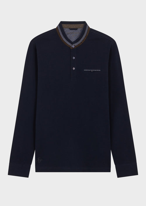 Polo manches longues Slim en coton uni bleu nuit à col officier - Father & Sons   - 1 