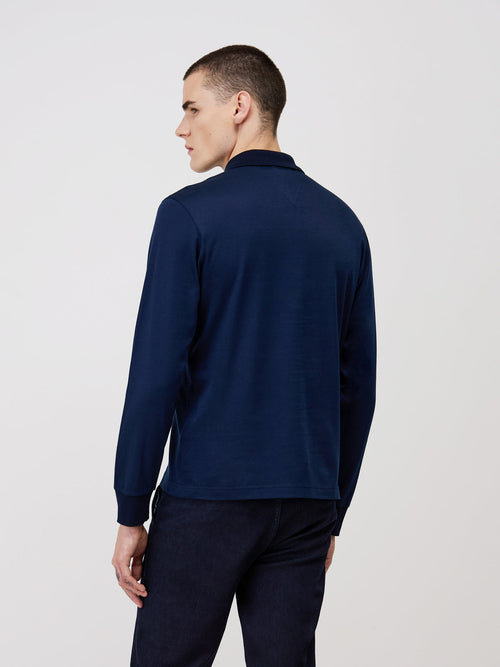 Polo manches longues Slim en coton mélangé bleu indigo - 2 - Father & Sons   - 8 