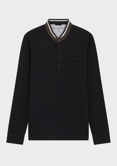 Polo manches longues Slim en coton uni noir à col officier - 1 - Father & Sons   - 16 