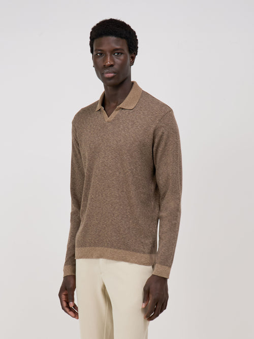 Polo manches longues Slim en coton marron - 1 - Father & Sons   - 3 