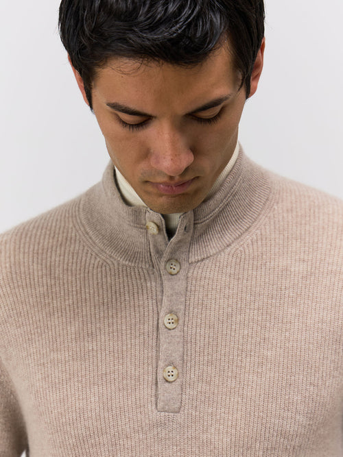 Pull col boutonné en cachemire beige - Father & Sons   - 3 