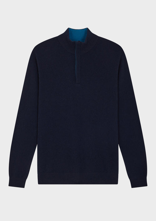 Pull col zippé en cachemire uni bleu marine - 1 - Father & Sons   - 15 