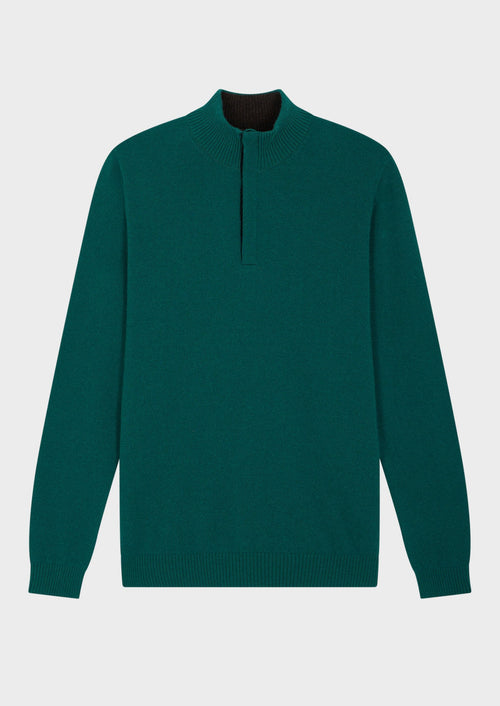 Pull col zippé en cachemire uni vert sapin - 1 - Father & Sons   - 16 