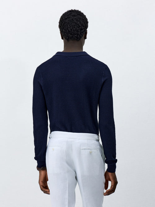 Pull col polo en coton et soie bleu marine - 2 - Father & Sons   - 9 