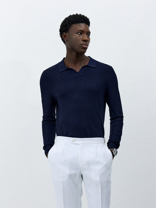 Pull col polo en coton et soie bleu marine - 1 - Father & Sons   - 9 