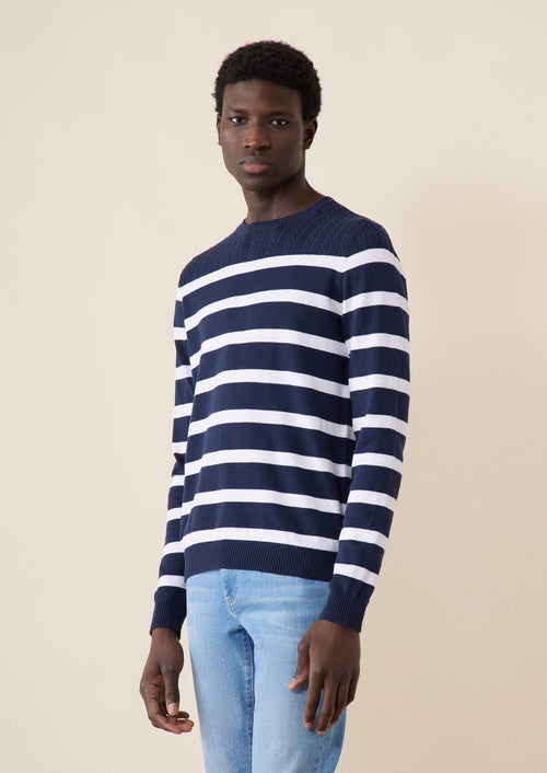 Pull col rond en coton bleu marine à rayures blanches - Father & Sons   - 1 