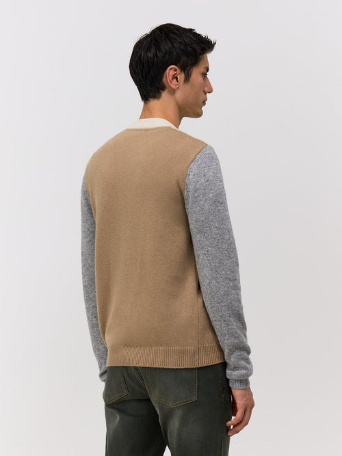 Pull col rond en laine mélangée camel et gris - 2 - Father & Sons   - 14 