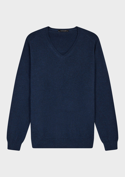 Pull col V en coton uni bleu indigo - 1 - Father & Sons   - 17 