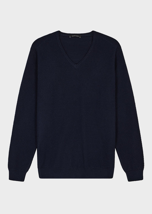 Pull col V en coton uni bleu marine - 1 - Father & Sons   - 18 