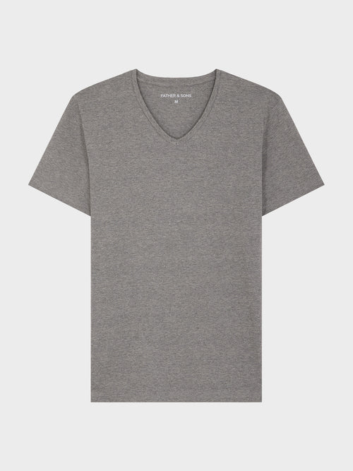 Tee-shirt manches courtes en coton stretch col V gris chiné - Father & Sons   - 3 