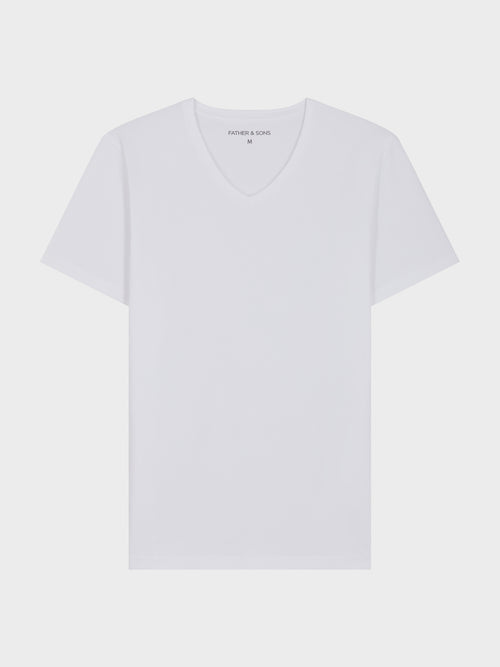 Tee-shirt manches courtes en coton stretch col V uni blanc - Father & Sons   - 3 