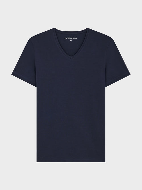 Tee-shirt manches courtes en coton stretch col V uni bleu marine - Father & Sons   - 3 