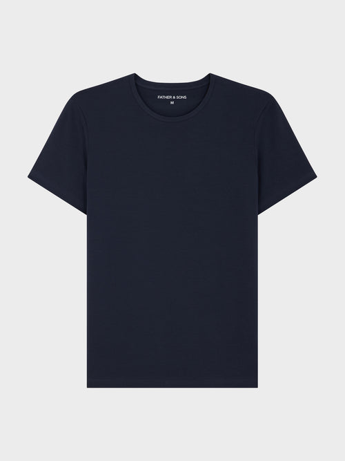 Tee-shirt manches courtes en coton stretch col rond uni bleu marine - Father & Sons   - 3 