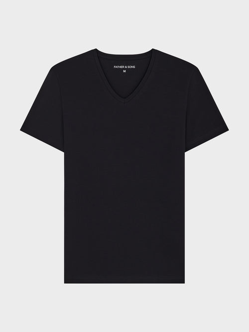 Tee-shirt manches courtes en coton stretch col V uni noir - Father & Sons   - 3 