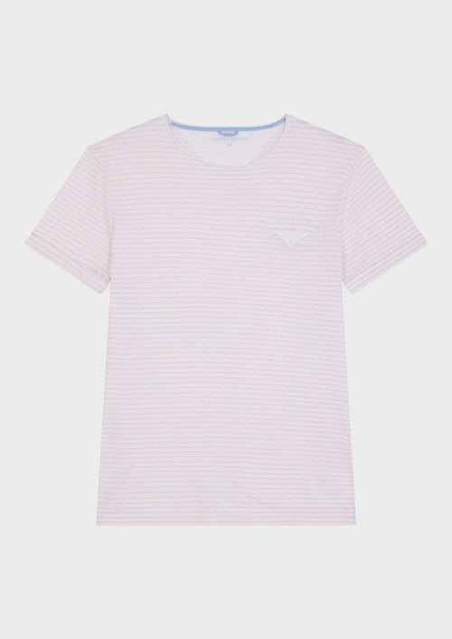 Tee-shirt manches courtes en coton et lin col rond rose à rayures blanches - 1 - Father & Sons   - 10 