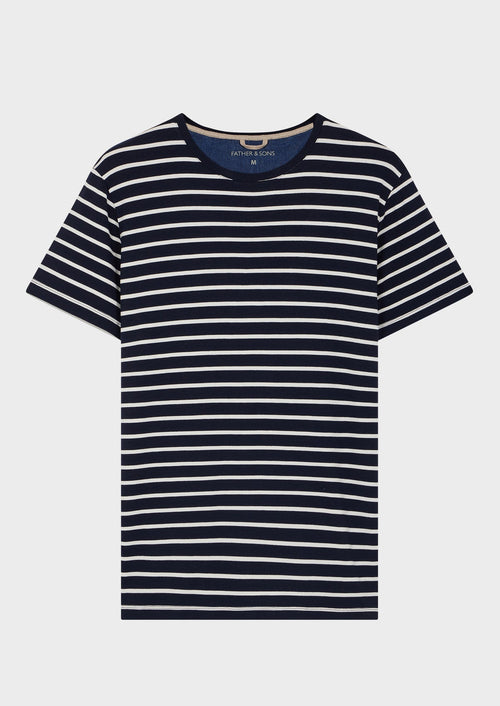 Tee-shirt manches courtes en coton stretch col rond bleu marine à rayures blanches - 1 - Father & Sons   - 2 