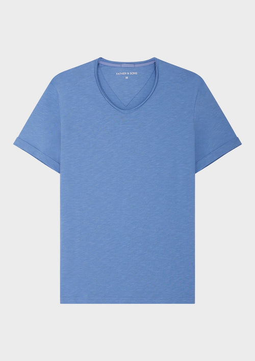 Tee-shirt manches courtes en coton col rond uni bleu azur - 1 - Father & Sons   - 9 