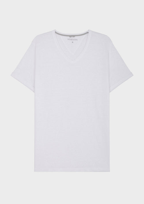 Tee-shirt manches courtes en lin col V uni blanc - Father & Sons   - 1 