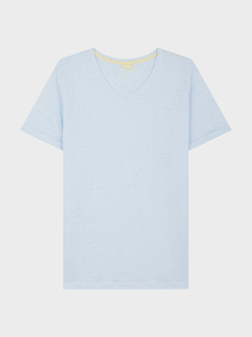 Tee-shirt manches courtes en lin col V uni bleu ciel - 1 - Father & Sons   - 18 